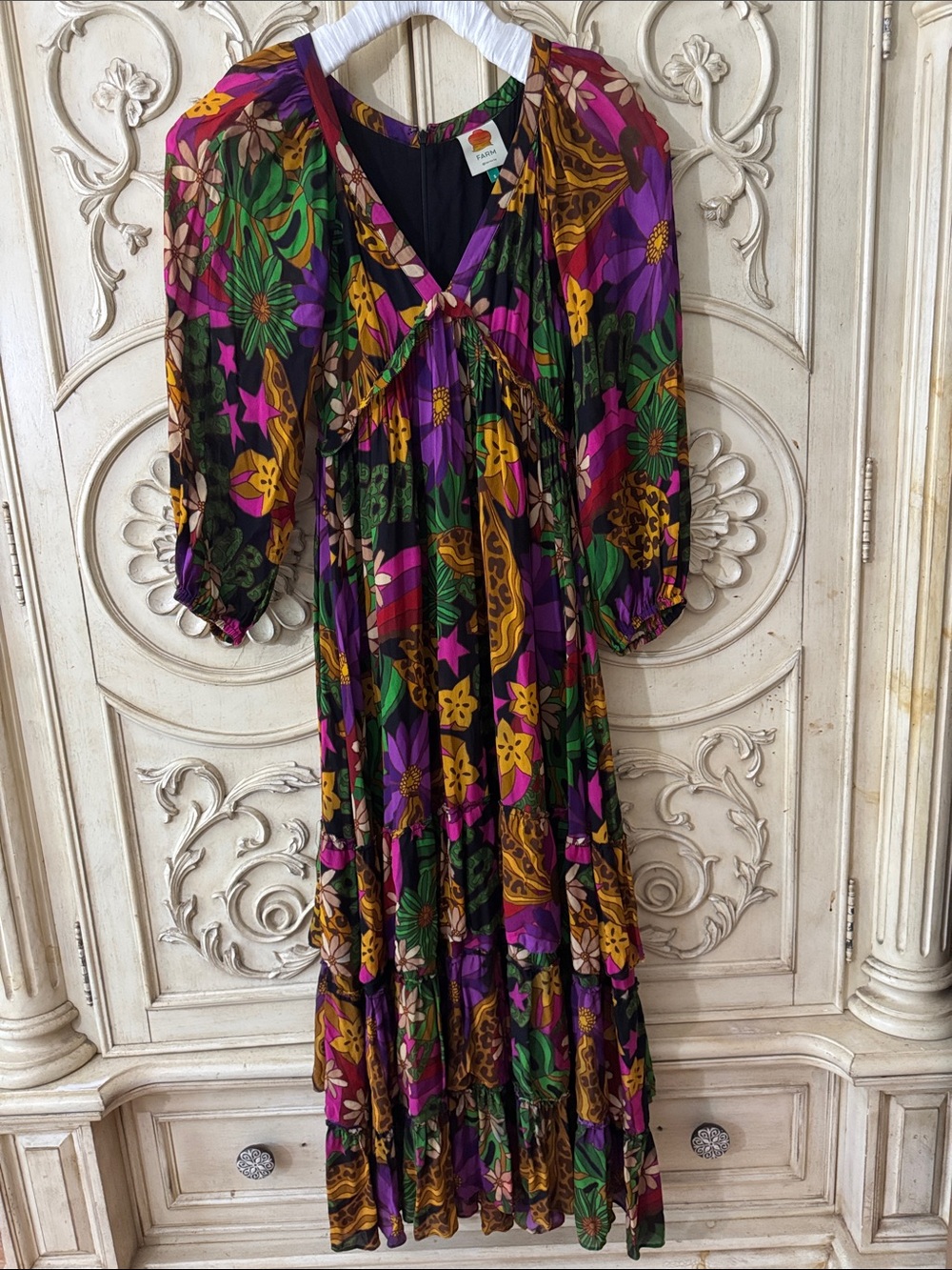 FARM Rio Star Fruit Floral Tiered Maxi Dress in Purple, Green & Yellow Sz Small